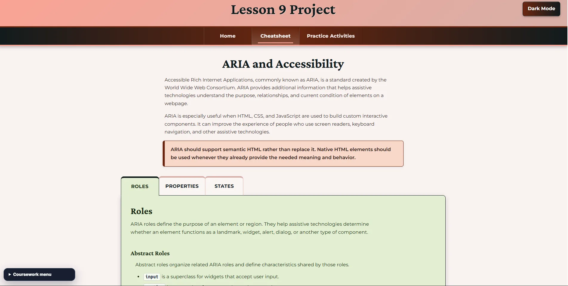 ARIA and accessibility reference interface showing structured content and navigation