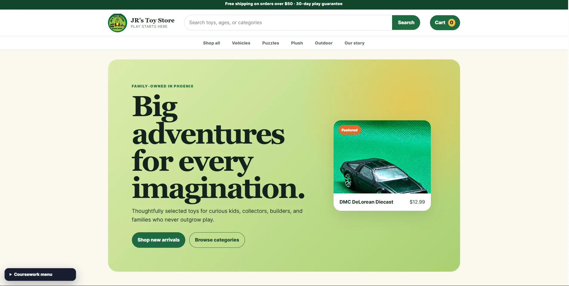JR's Toy Store homepage featuring a DeLorean toy and shopping navigation