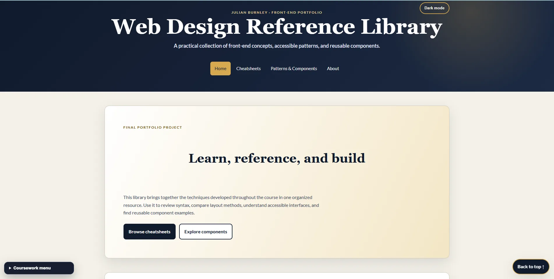 Web Design Reference Library homepage with navigation and project introduction
