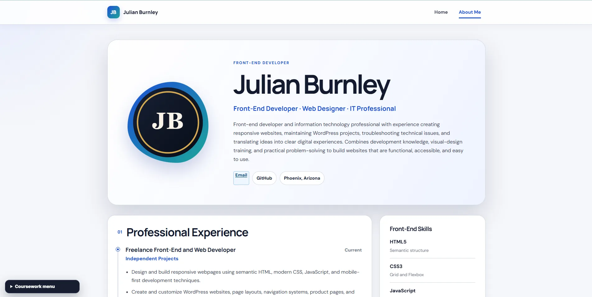 Professional web résumé displaying Julian Burnley's experience and skills