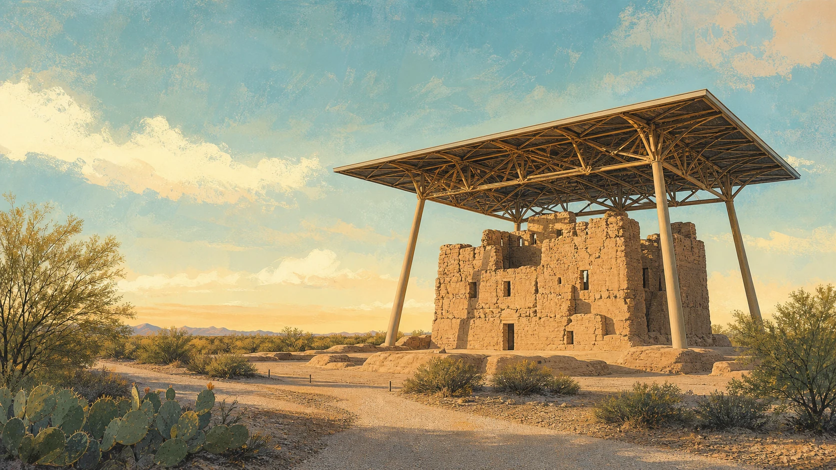 Editorial illustration of the Great House beneath its protective canopy at Casa Grande Ruins National Monument
