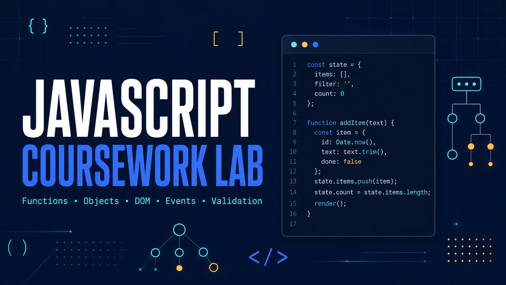 JavaScript Coursework Lab with a code panel and interactive-programming symbols